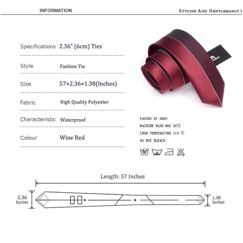 Manoble Men's Necktie Wine Red 2.36 Inches Slim Woven Tie + Gift Box - Image 2